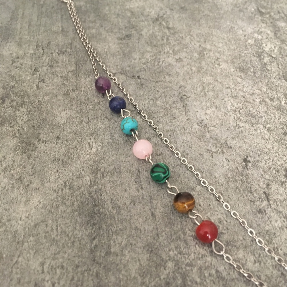 7 Chakra Anklet w/Natural Stones - Stainless Steel - Picture 6 of 8